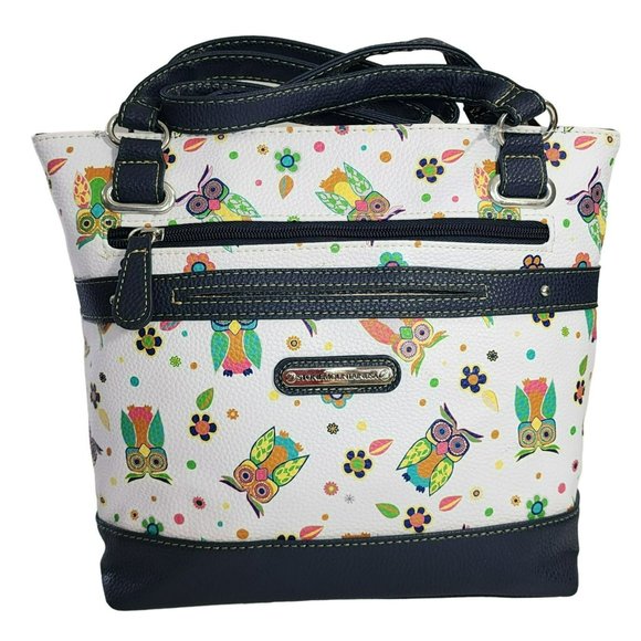 Stone Mountain Bonded Leather Printed Owls Megan Tote Shoulder Handbag 8 Pockets - Picture 16 of 16